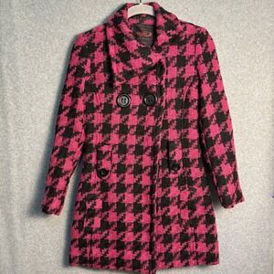 Yoki New York Houndstooth Peacoat Small Pink Black Wool Blend Double Breasted